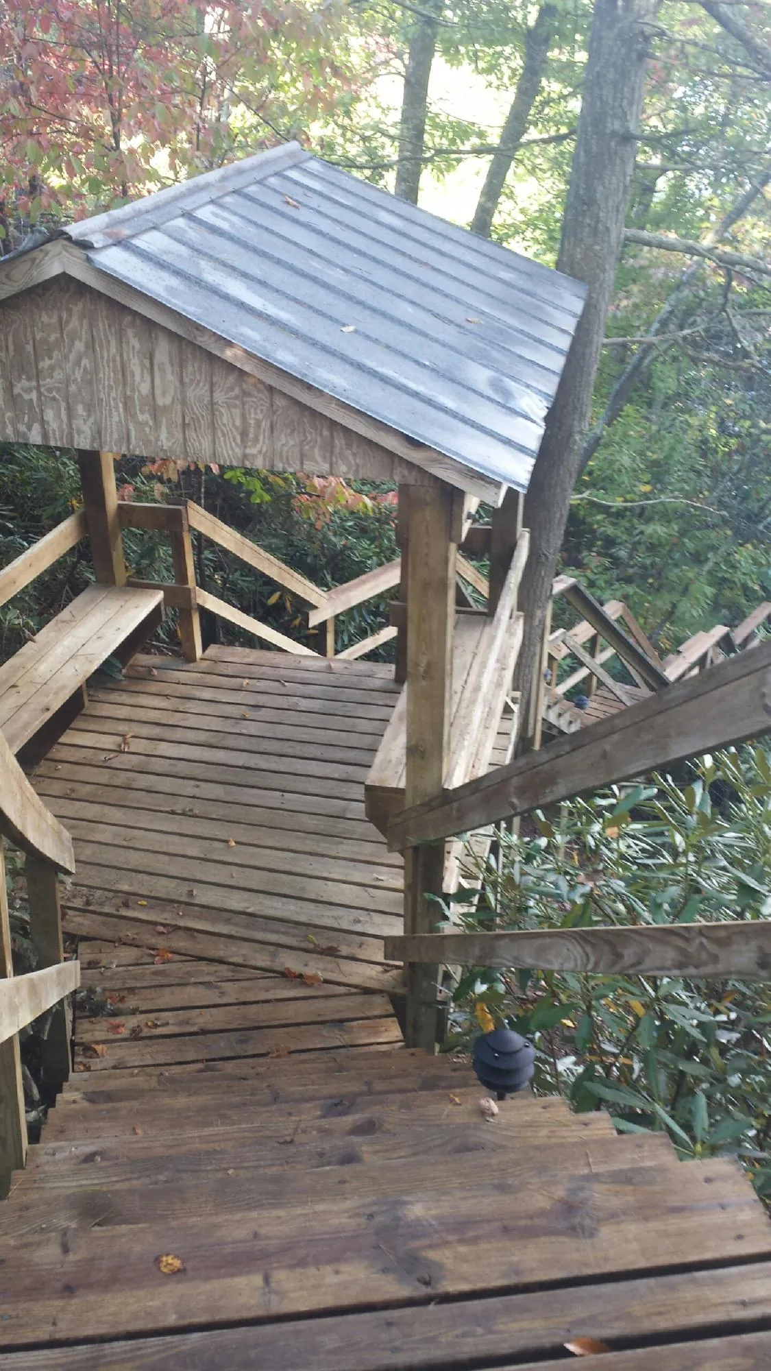 Metal roofed shelter over wooden steps on a wooded walkway — Skylight Repair & Installation work by our crew in Argusville